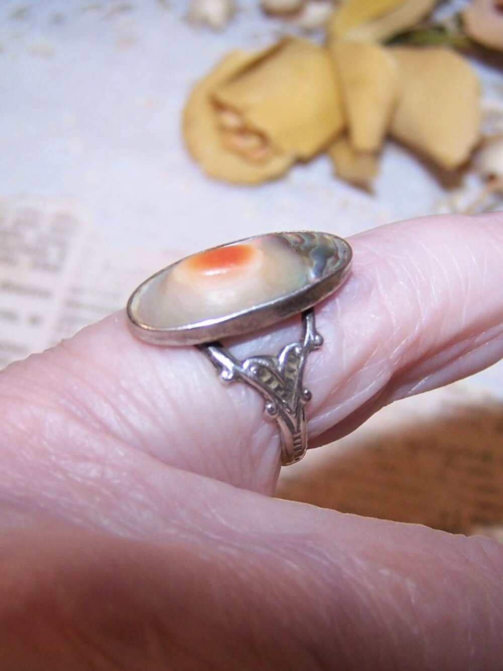 Art Nouveau Sterling Silver Blister Pearl Abalone Ring - Size 4.75